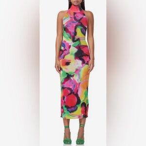 AFRM Olimpia Mesh Halter Dress With Open Back Vivid Colors Size XS New With Tags